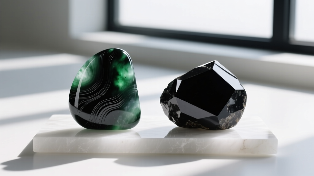 Black nephrite jade and onyx specimens side-by-side, showing contrasting fibrous and crystalline textures in natural daylight