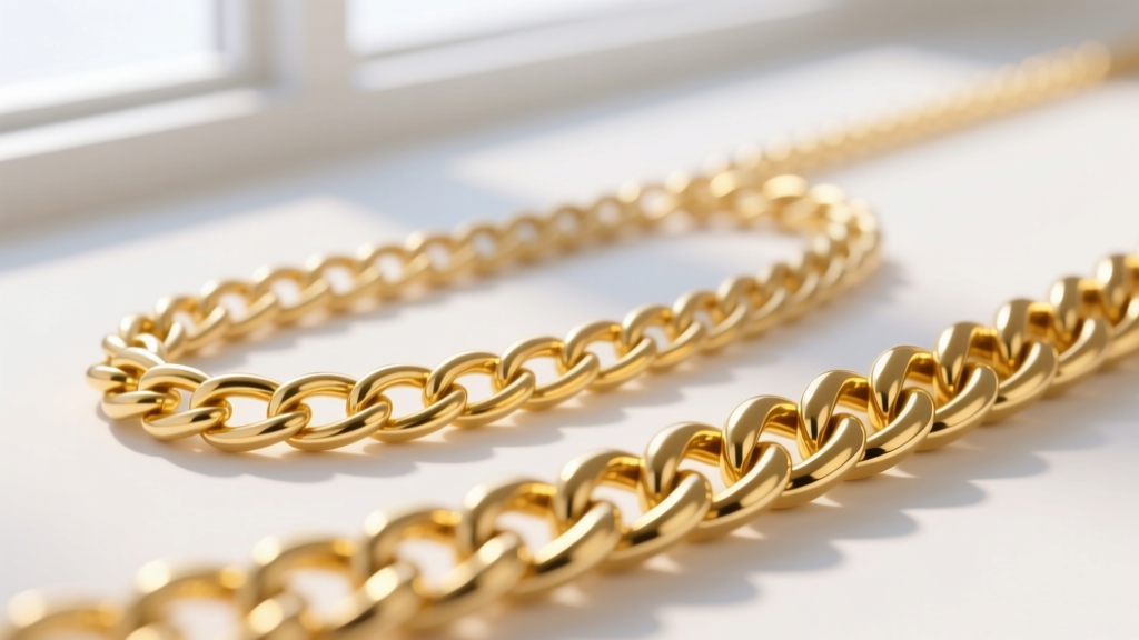 Macro comparison of 14k pale yellow gold and 18k rich yellow gold curb chains showing distinct color temperature differences