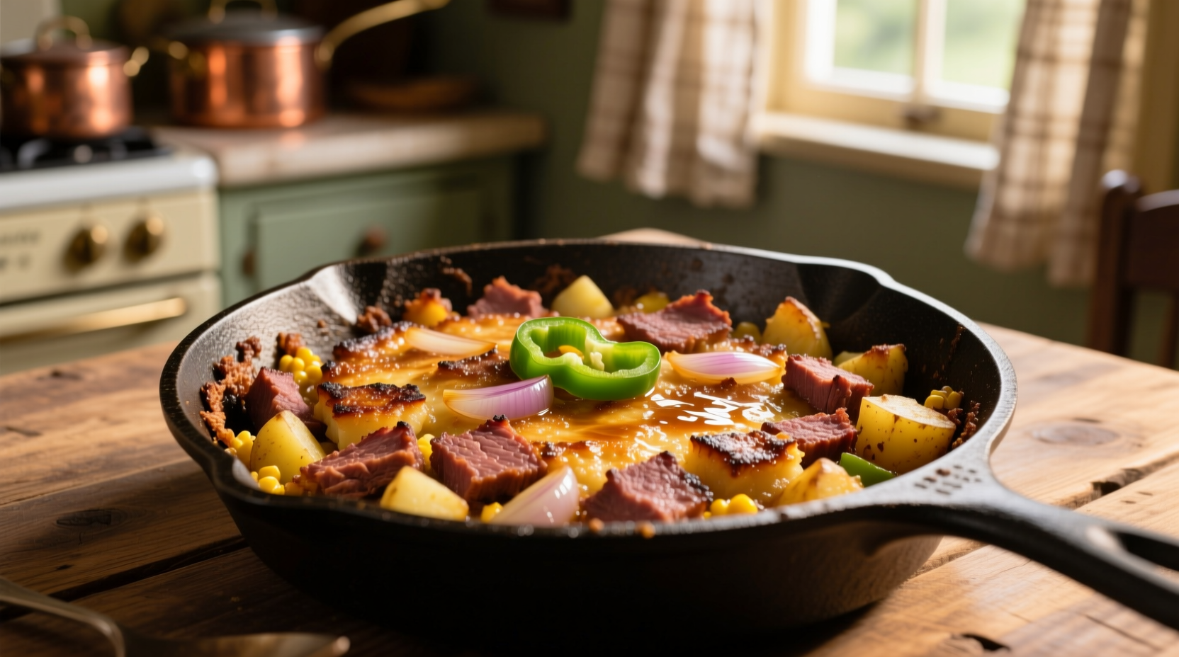 Golden brown corned beef hash with crispy edges in cast iron skillet