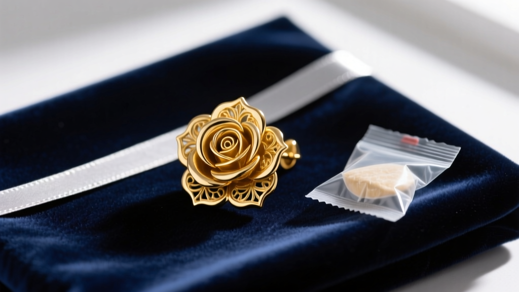 Restored gold vermeil rose earring in a jewelry box beside an anti-tarnish strip and a silica gel packet on a soft velvet cloth.