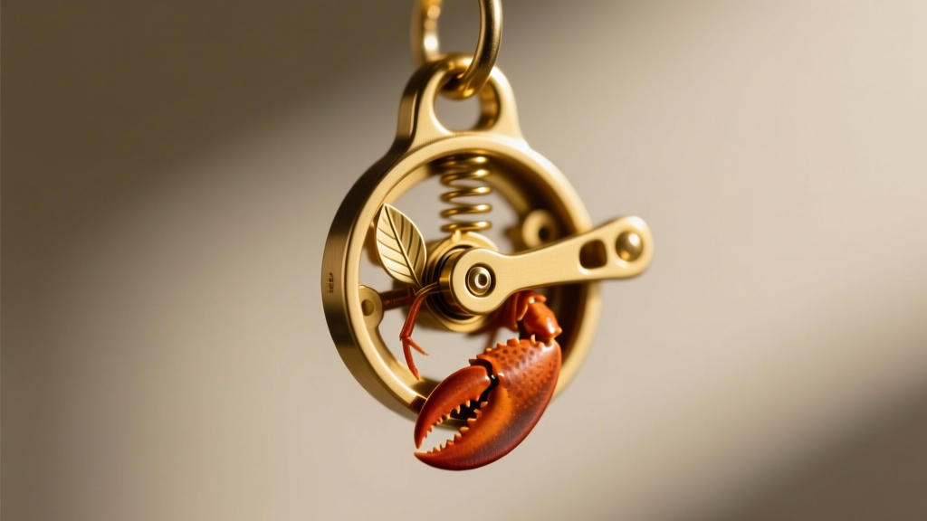 Detailed view of a small gold-tone lobster clasp mechanism, showing the internal leaf spring and lever tension against a jump ring.