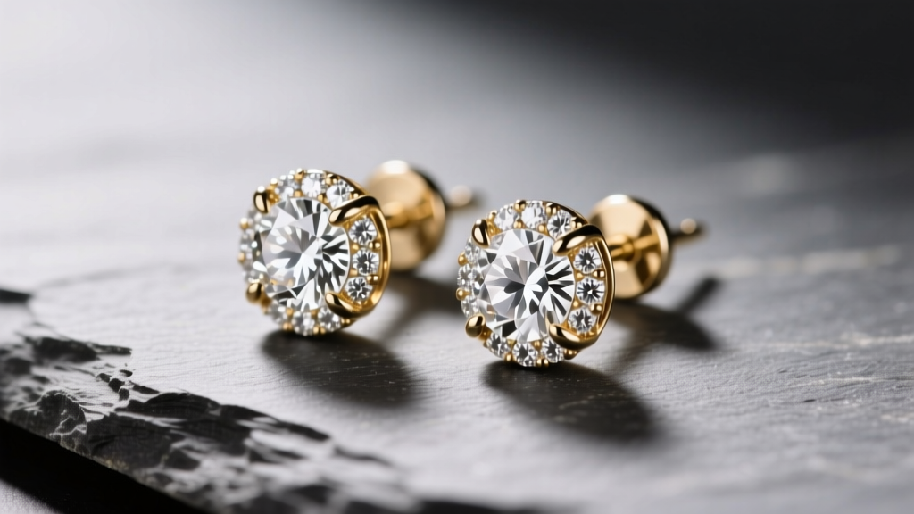 Close-up of 14k white gold pave stud earrings on slate, revealing micro-prongs holding melee diamonds under warm studio lighting.