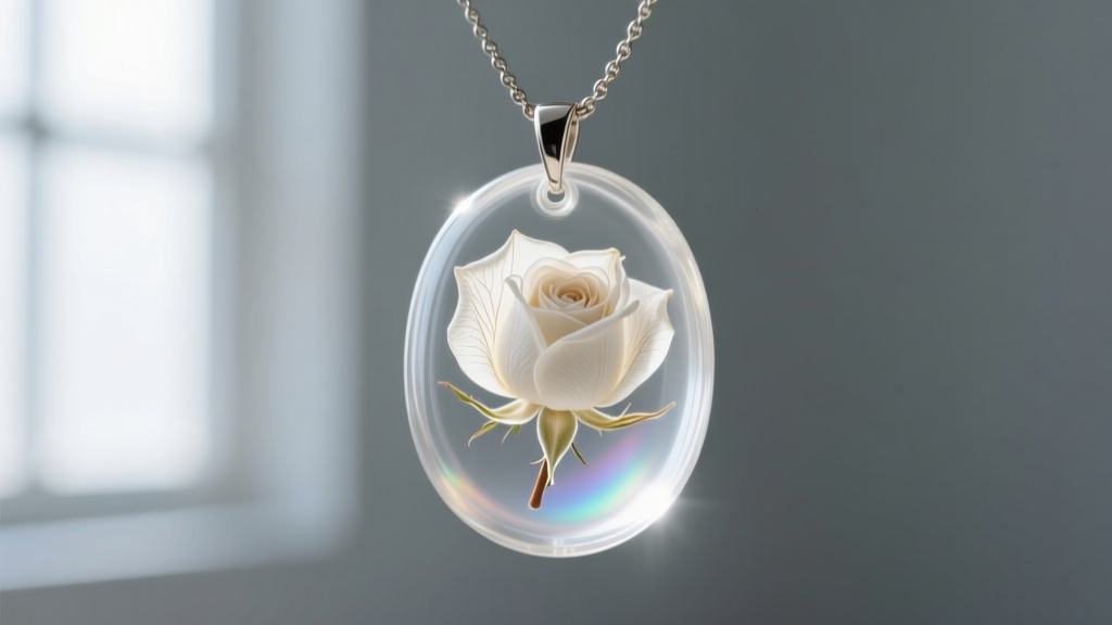 Macro shot of a clear bio-resin necklace pendant encapsulating dried white baby