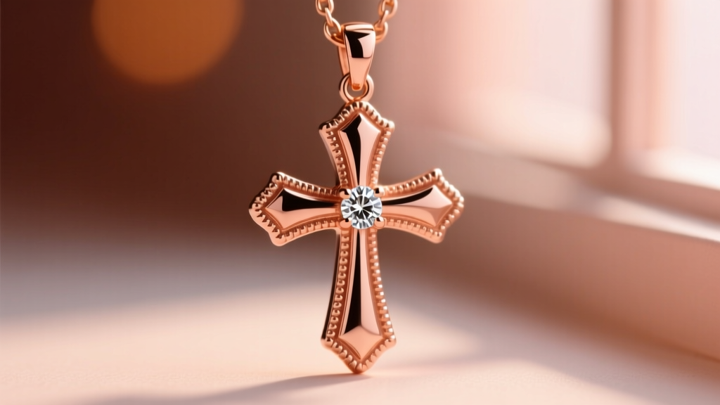 Macro shot of a vintage rose gold cross pendant with milgrain edges and a central 0.10ct round diamond, softly blurred background.