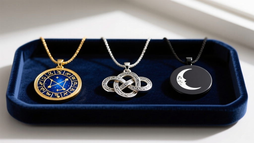 Stylized flat lay of three symbolic pendants including a zodiac natal chart and mystic knot on a dark velvet jewelry tray.