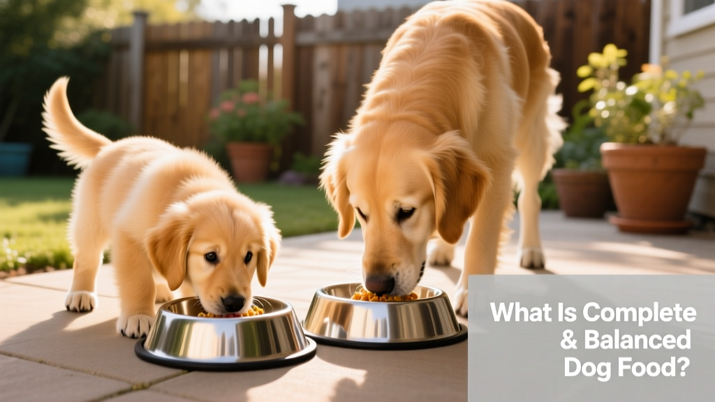 A golden retriever puppy eating from a stainless steel bowl next to an adult dog eating from another bowl