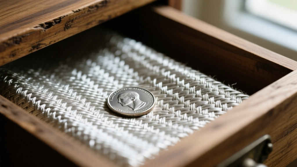 Macro shot of Pacific Silvercloth lining inside a cedar drawer showing fine woven texture with a silver coin resting on the fabric