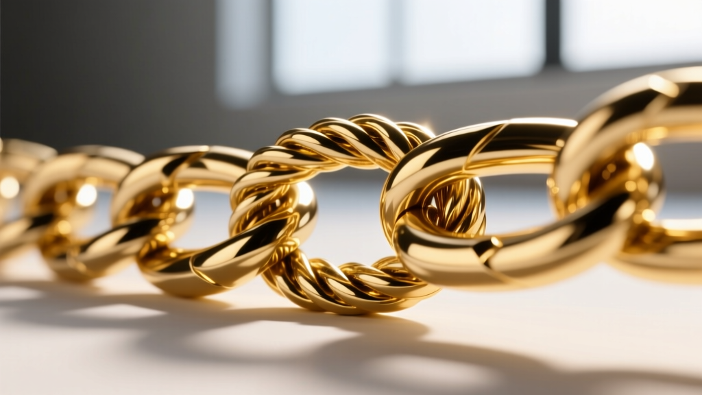 Extreme macro photography of a kinked hollow gold rope chain showing crushed interlocking links under bright studio lighting.