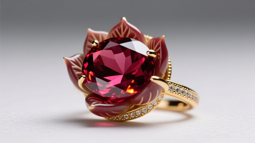 Macro shot of a carved natural ruby gemstone shaped like a succulent leaf, set in an 18k gold bezel, under soft studio lighting.