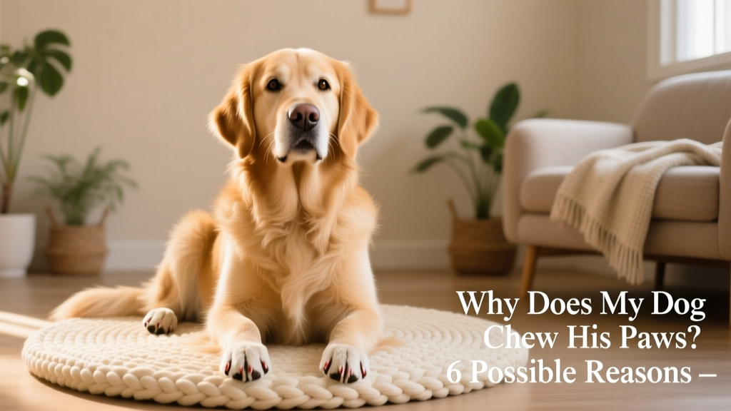 Happy dog sitting calmly with clean, healthy paws resting on a soft mat