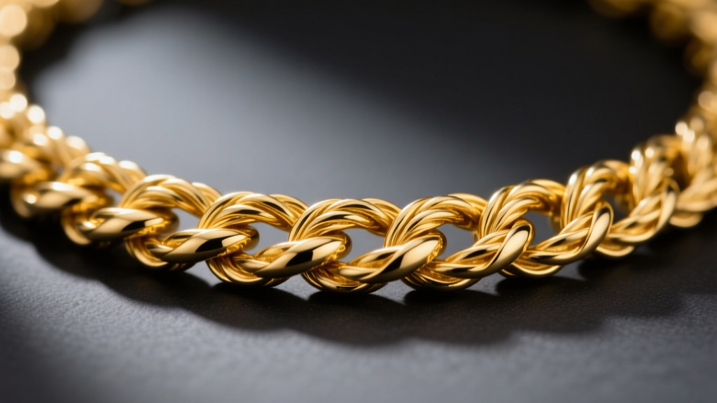 Macro shot of a 14k yellow gold rope necklace chain focusing on twisted links, studio lighting against a dark slate background.