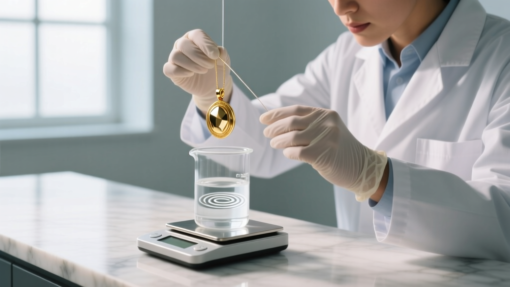 A professional gemologist performing a specific gravity water displacement test on an unmarked gold pendant using a digital scale.