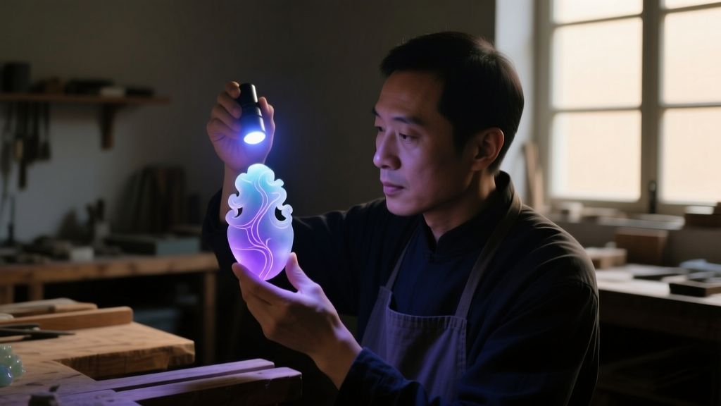 Jeweler holding a UV flashlight over a pale lavender jade carving to check for polymer fluorescence in a dimly lit workshop setting.