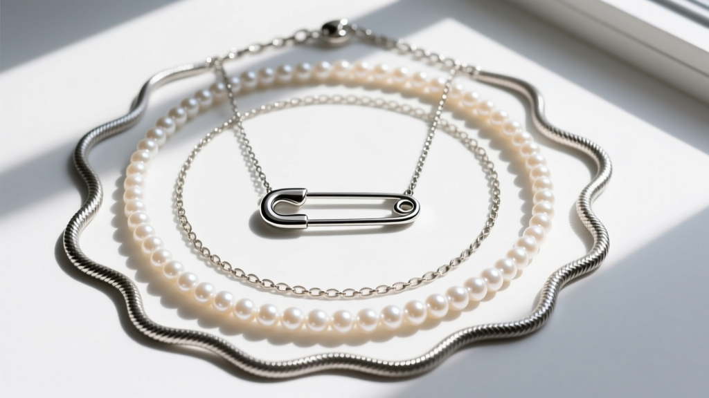 Flat lay of layered necklaces featuring a large sterling silver safety pin pendant mixed with pearl and snake chains, top-down view