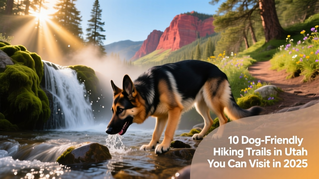 A happy German shepherd drinking from a clear mountain stream beside a mossy waterfall
