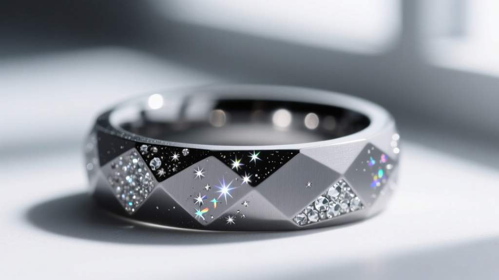 Close-up of a sintered titanium ring with diamond powder, showing a matte grey texture and subtle micro-sparkle facets.