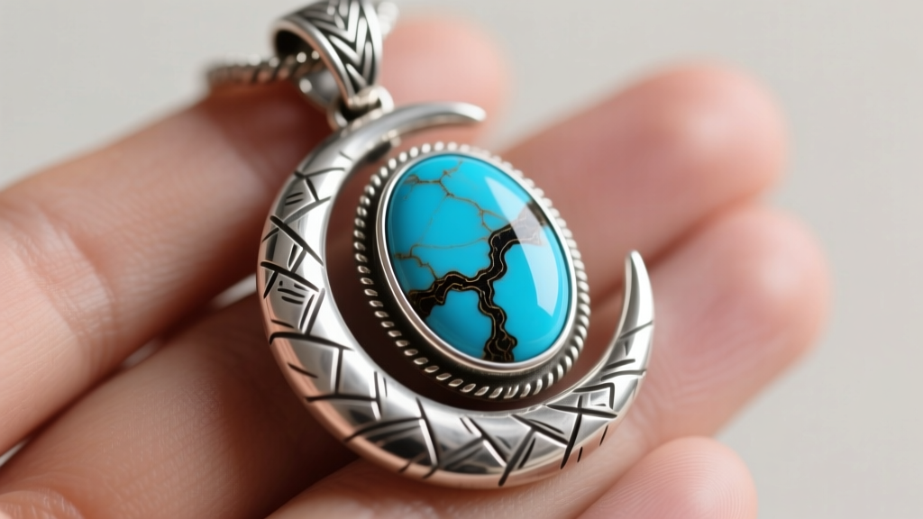 Macro close-up of a hand-stamped silver Naja crescent pendant featuring a natural Kingman turquoise cabochon with dark matrix