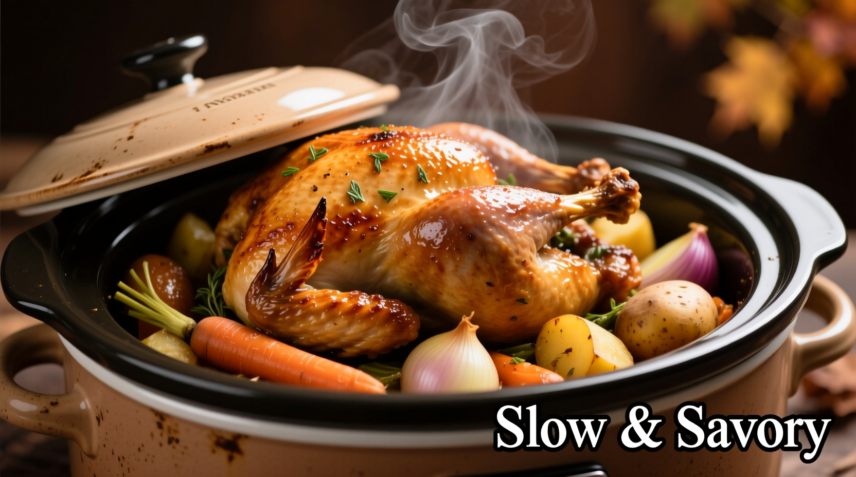 Slow cooker with seasoned turkey breast resting on vegetables