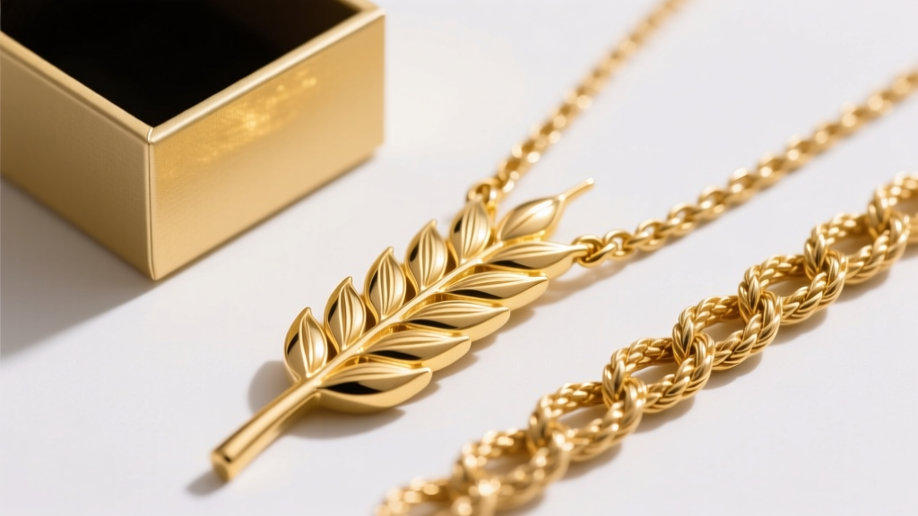 Close-up of 18k yellow gold wheat, box, and rope chain links laid flat, showcasing distinct weaving patterns and metal thickness
