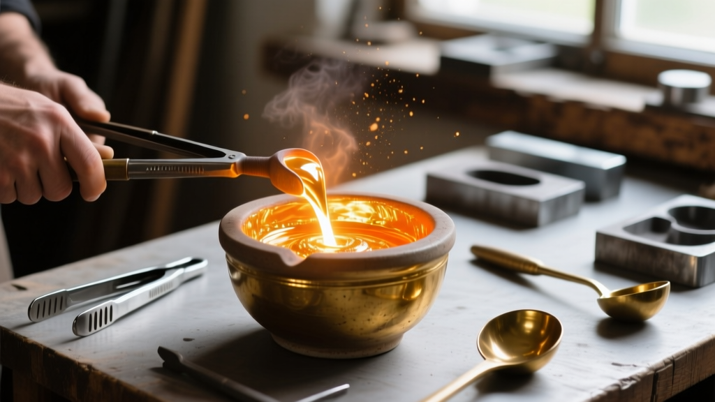 Macro shot of a jeweler melting gold alloy in a ceramic crucible, with warm orange light reflecting off nearby casting tools