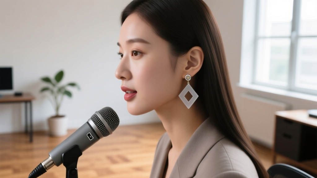 Side profile of a remote worker wearing lightweight matte resin drop earrings while speaking into a professional USB condenser mic.