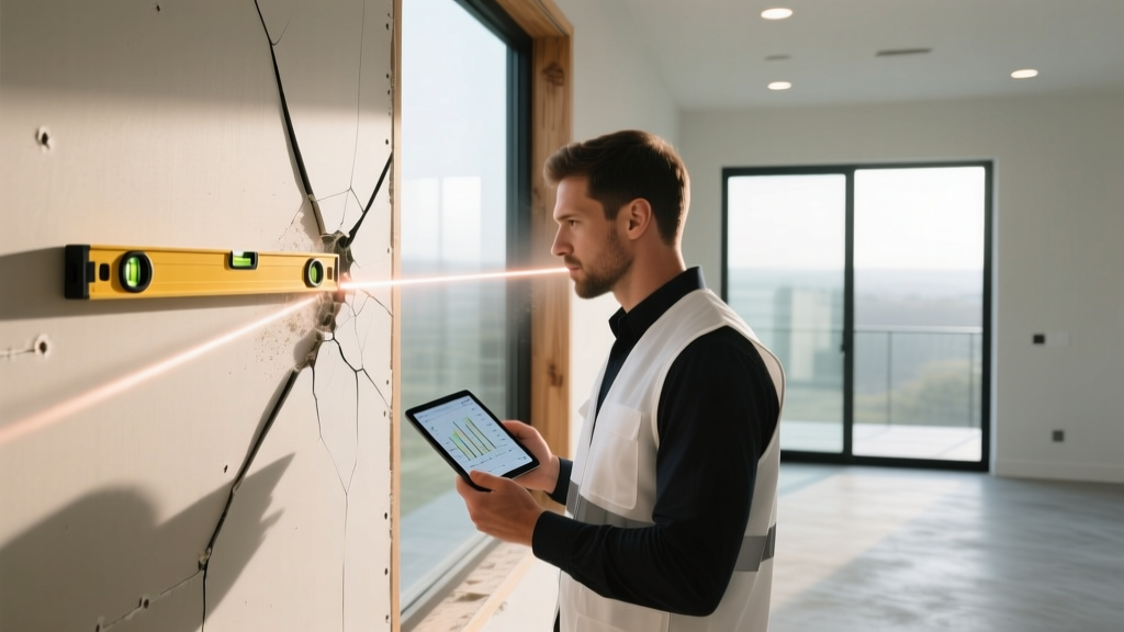 Structural engineer inspecting a diagonal drywall crack near a window frame with a laser level and digital tablet in a modern home