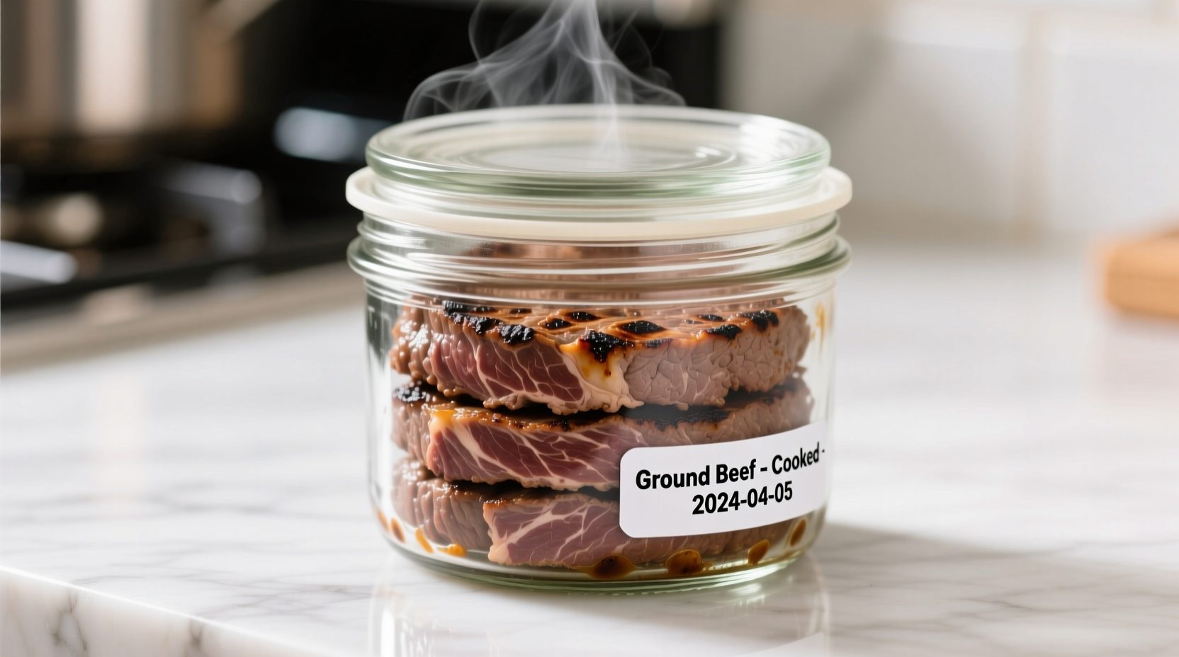 Properly stored cooked ground beef in glass container