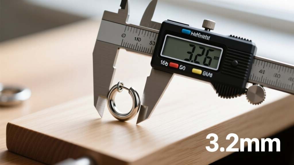 Digital calipers measuring the exact millimeter thickness of a 16g steel barbell earring on a clean wooden jeweler