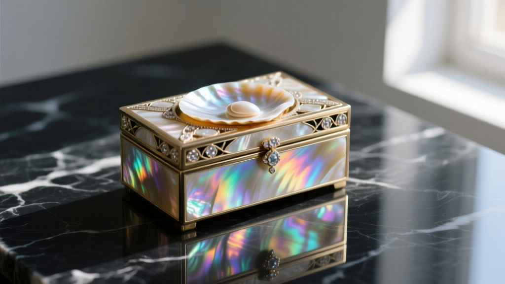 Luxury jewelry box with iridescent mother-of-pearl shell inlay exterior resting on dark marble surface with soft morning light