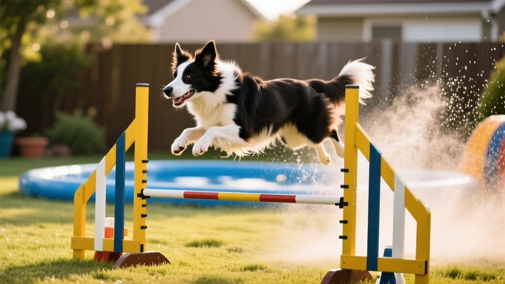 A border collie mid-leap over a low agility hurdle while passing through a fine mist from a garden sprinkler