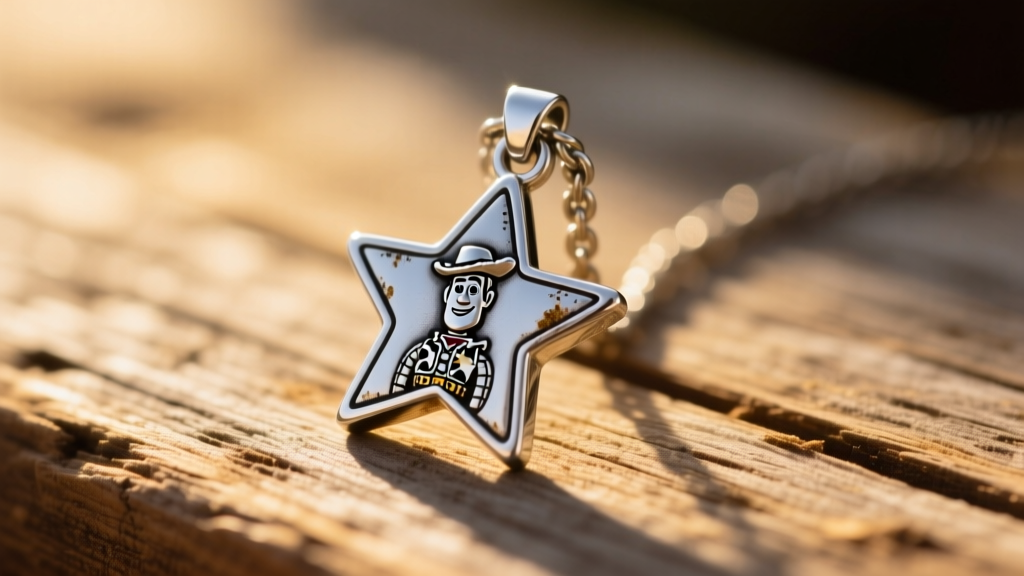 Silver-plated Toy Story sheriff star pendant on rustic wood, bathed in warm sunlight, showing slight tarnish on engraved edges.