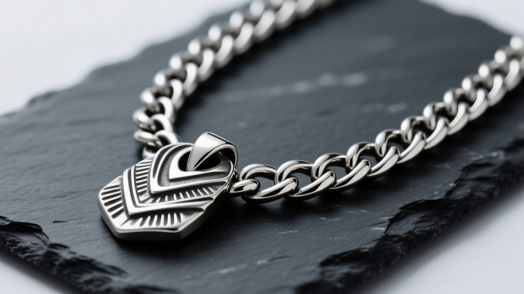 Heavy 925 sterling silver chunky pendant necklace resting on dark slate, highlighting intricate oxidized details and a thick chain.