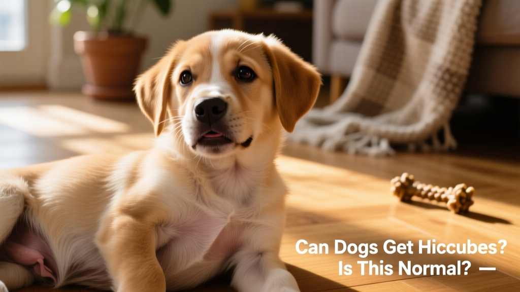 Close-up of a relaxed puppy with visible gentle abdominal movement, suggesting mild diaphragm spasms