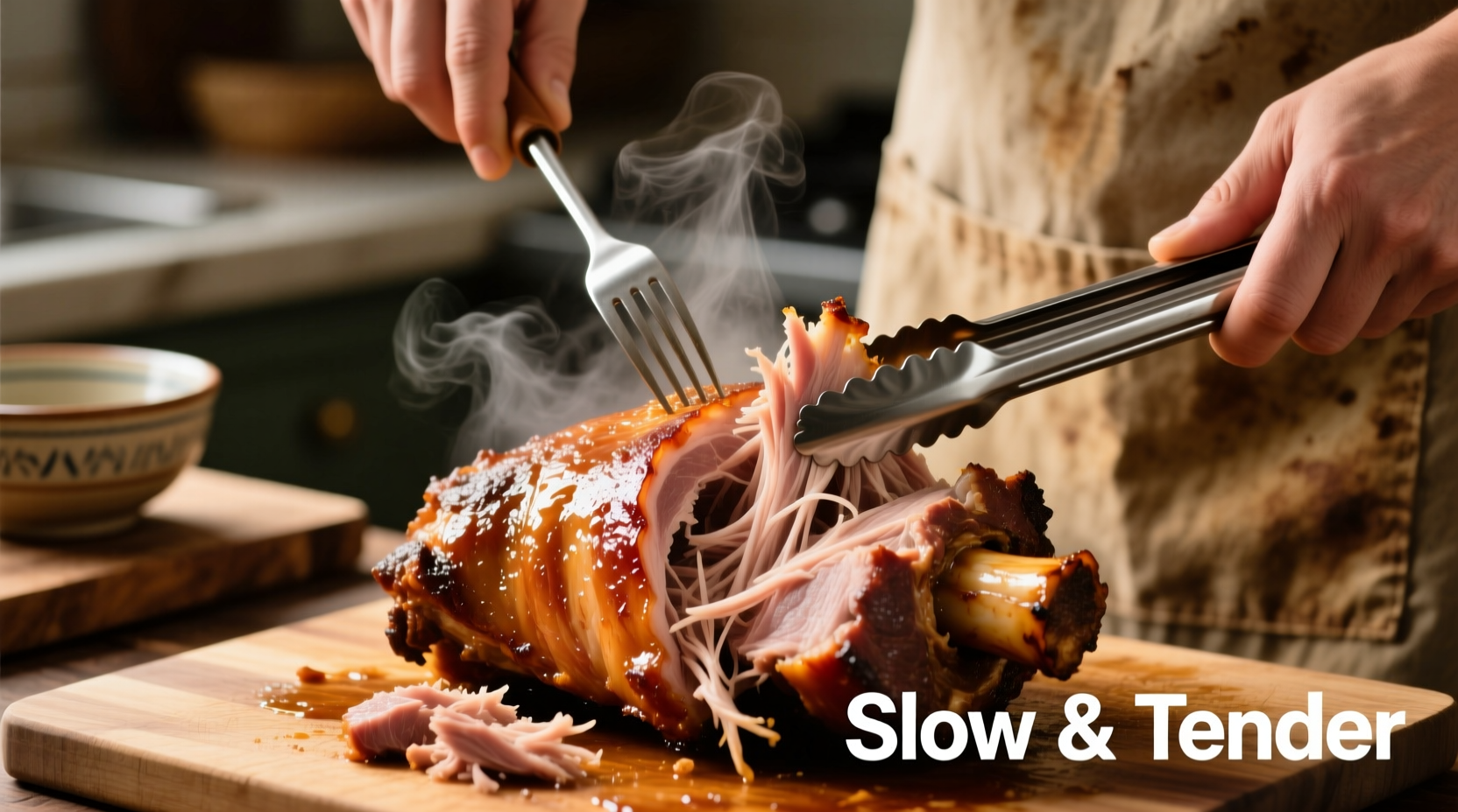 Slow cooked pork shoulder shredding process