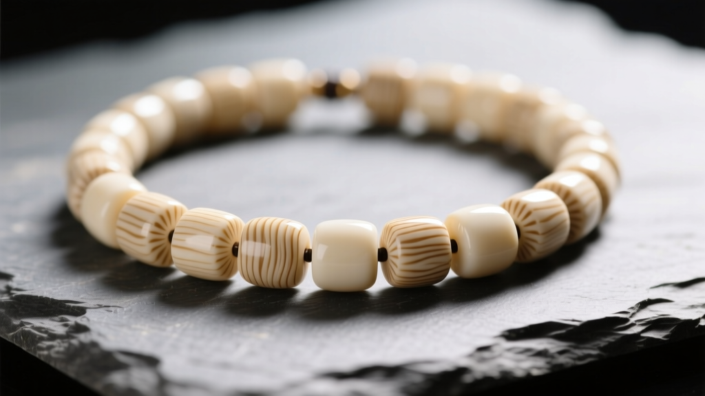 Macro shot of an ivory bead necklace on slate, showing natural Schreger lines and the warm patina of the organic dentin beads.