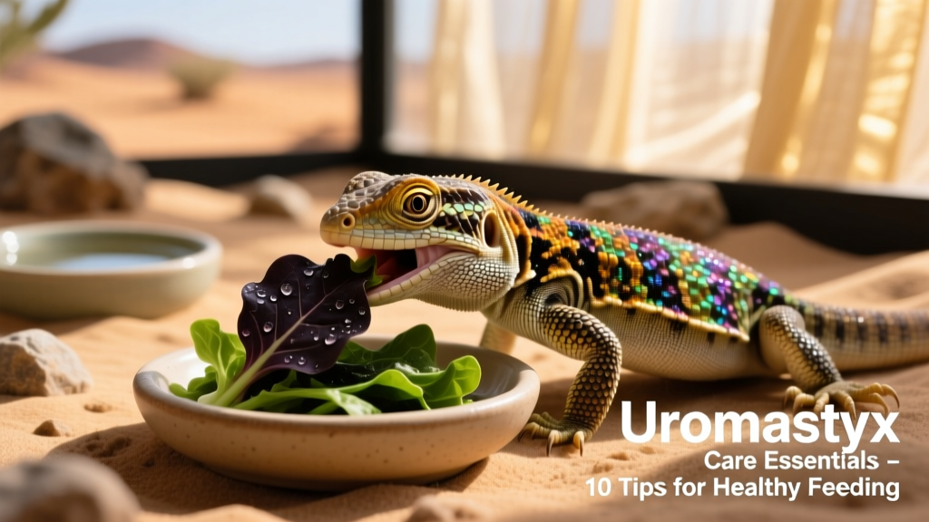 Close-up of a uromastyx eating dark leafy greens from a shallow feeding dish