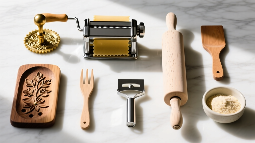 Overhead flat lay of eight Italian pasta tools on marble including brass ravioli stamp, wooden gnocchi board, and chrome pasta roller