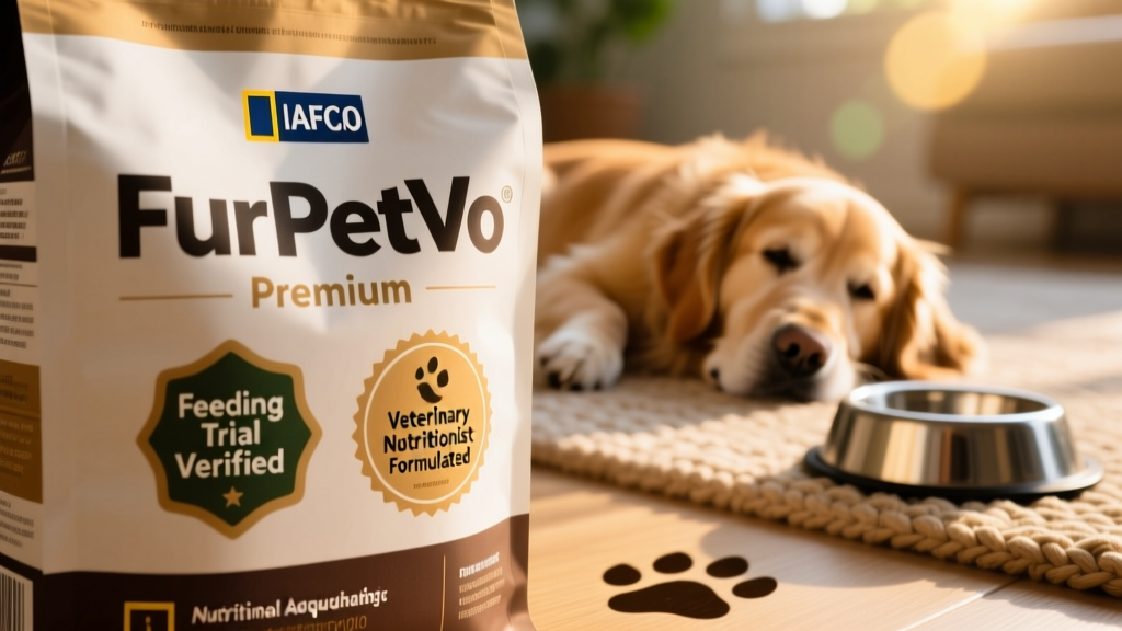 Close-up of a FurPetVo product label highlighting AAFCO statement, feeding trial verification, and expert formulation credentials