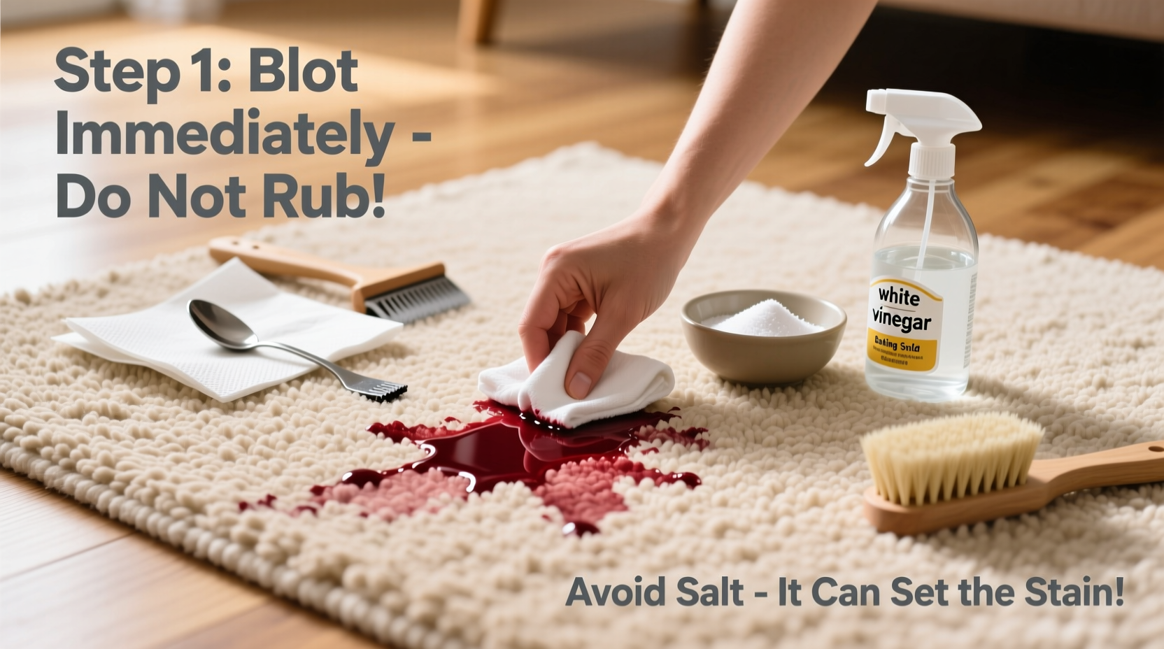 how to get red wine out of a beige rug without using salt