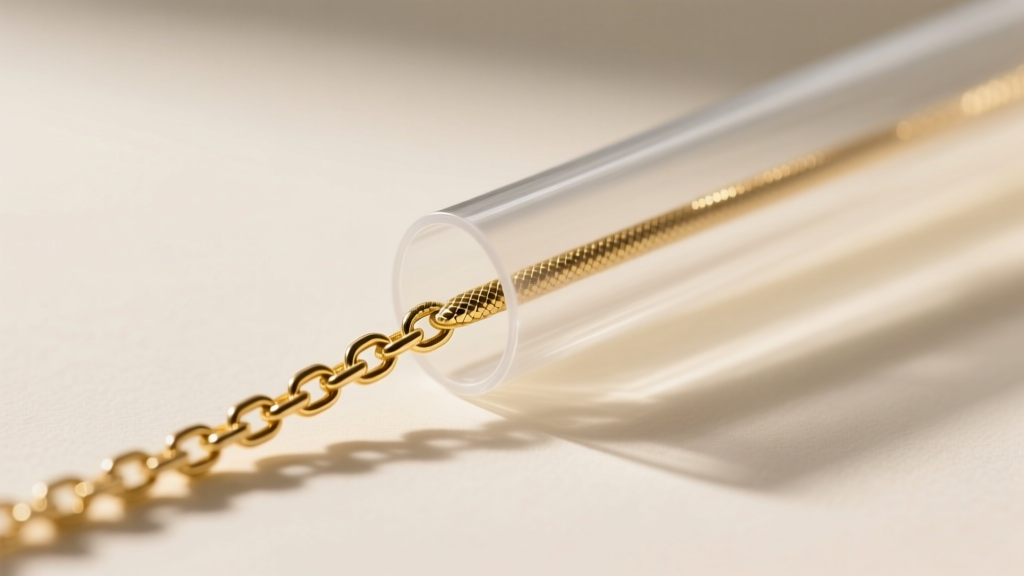 Close-up of a delicate 1mm gold snake chain threaded through a clear plastic drinking straw to prevent tangling during travel.