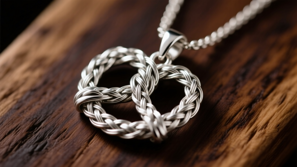 Macro photo of a sterling silver beer festival pretzel necklace pendant with woven texture resting on dark oak wood