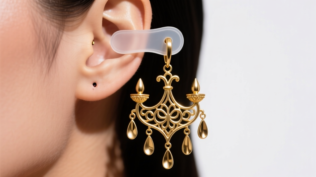 Clear silicone earring support patch holding a heavy brass chandelier Aladdin earring on a pierced earlobe, bright studio lighting