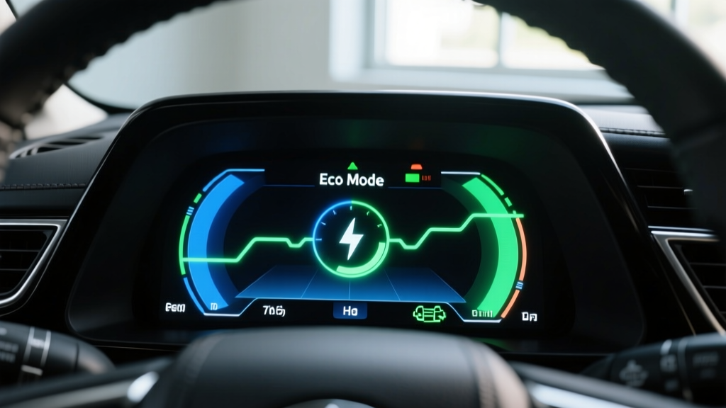 Close up of a Toyota Sienna Hybrid digital instrument cluster highlighting the energy flow monitor in Eco Mode
