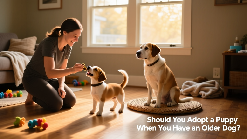 A trainer rewarding a puppy with a treat while an older dog watches calmly from a nearby mat