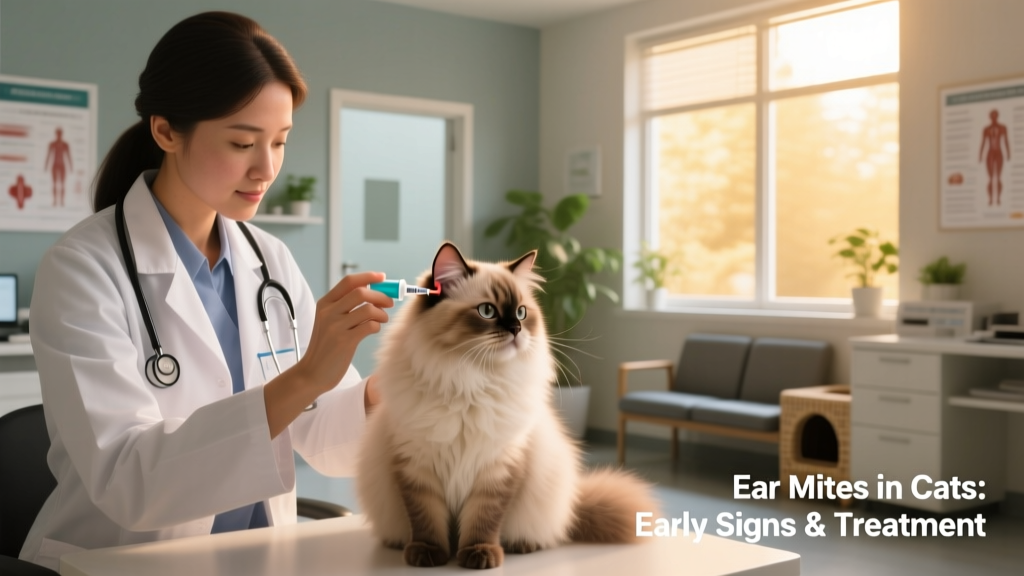 Veterinarian gently applying ear medication to a calm cat during an office visit