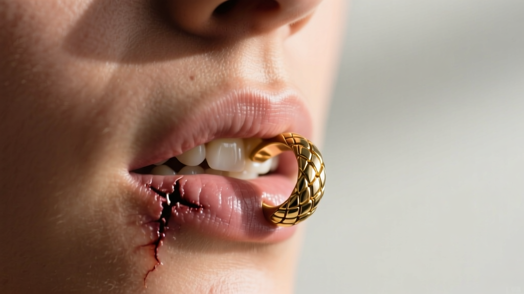 Side profile of a healed snake bite piercing with a gold segment ring, highlighting safe clearance between the gum line and metal.
