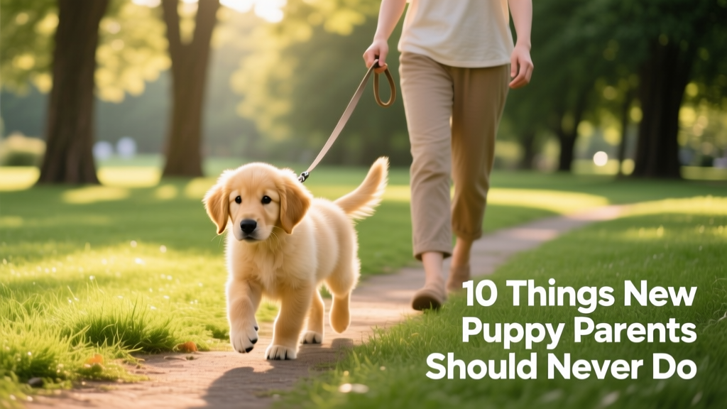 Puppy exploring a grassy park path with curious, relaxed body language, leash held loosely by smiling owner