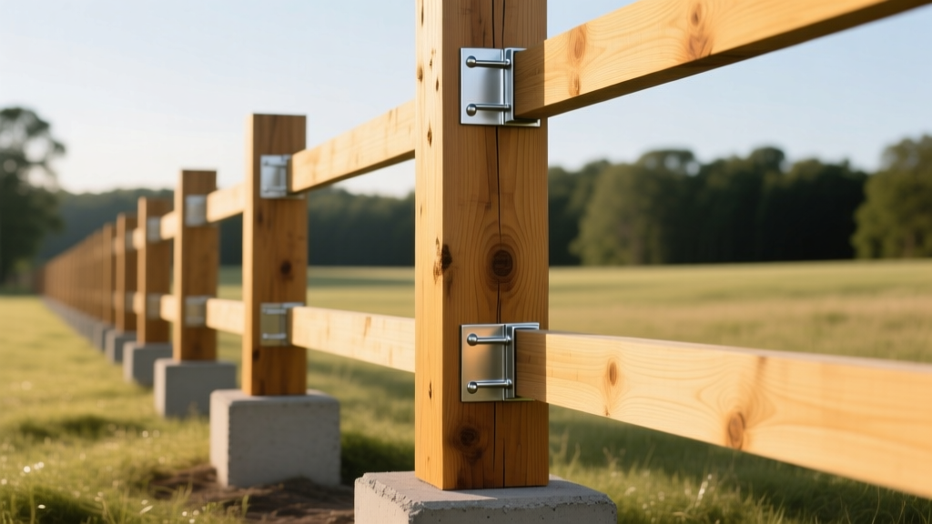 Pressure-treated Southern Yellow Pine 6x6 fence posts set in concrete with structural steel brackets resisting wind