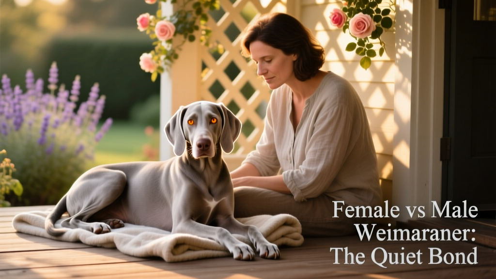 A calm female Weimaraner resting beside her owner on a sunlit porch, illustrating quiet companionship