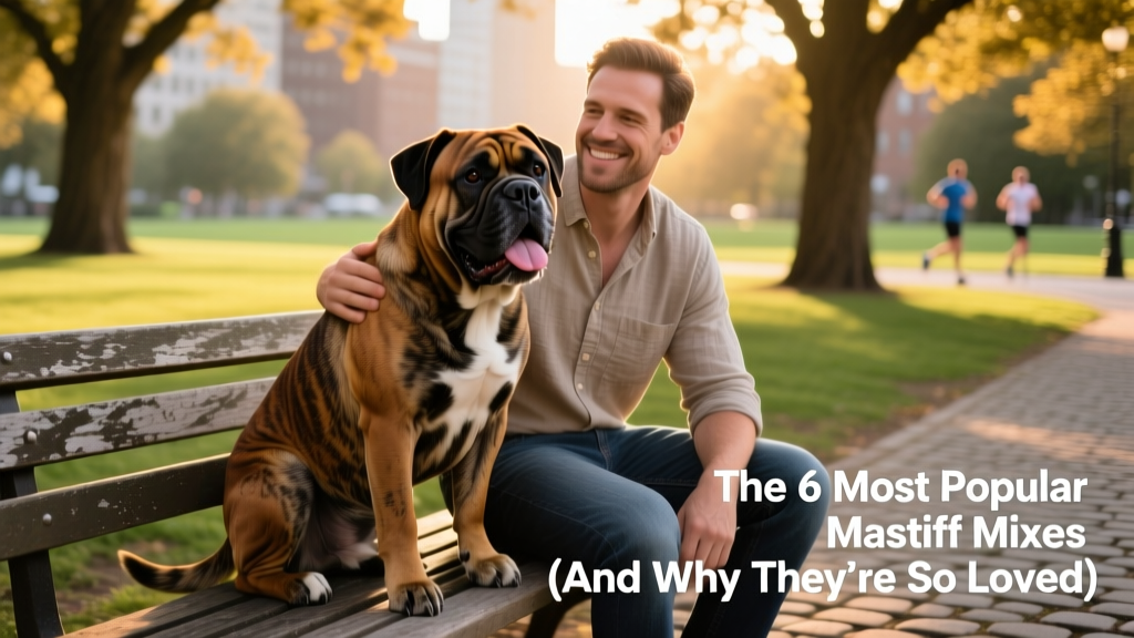 A smiling Mastibull sitting attentively next to its owner on a park bench